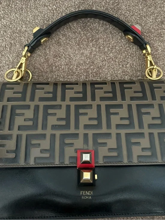 Fendi Black & Brown Embossed FF Leather Messenger Bag with Red Accent - Picture 4 of 7